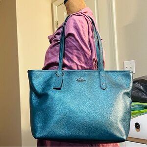 RARE Shimmering Coach City Mini Zip Tote Metallic Teal Crossgrain Leather F16224